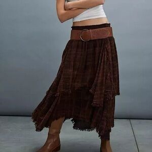 Free People Averie Maxi Handkerchief Layered Plaid Boho Brown Asymmetrical Skirt